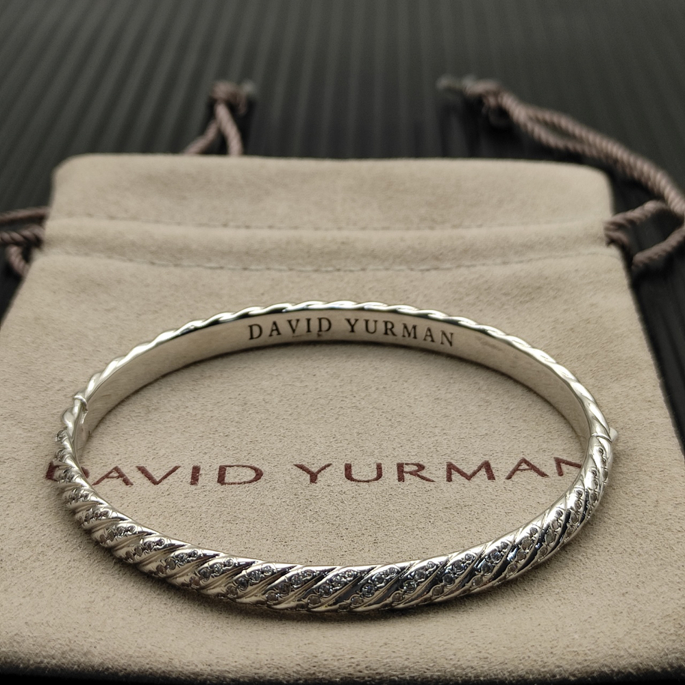 David Yurman Silver Diamond-Studded 6.2mm Engraved Wave Bracelet